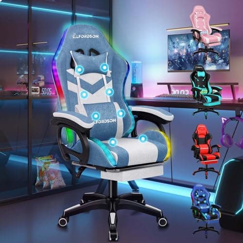 Image of ELFORDSON LED Gaming Chair with 8-Point Massage, Ergonomic Computer Office Chairs with Lumbar Support Footrest 82cm High Back 150° Recliner, Swivel, Fabric Linen, Blue and White