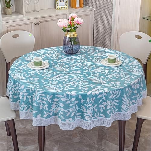 Image of Blue Floral Tablecloth, Waterproof PVC Round Table Cloth Indoor, Wipable Vintage Blue Flower Table Cover Outdoor for Party, Picnic, Dining, Kitchen, Garden Decor(Round 150cm)