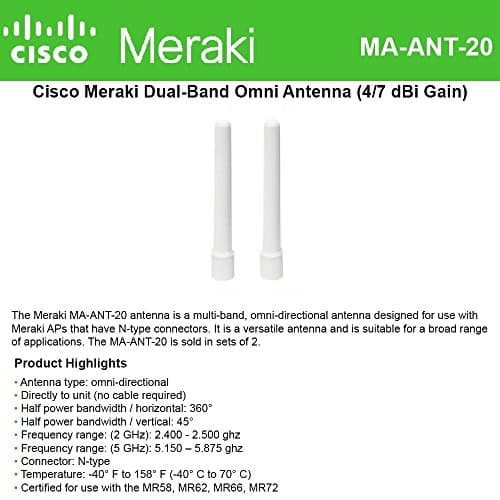 Image of Cisco Meraki Dual-Band Omni Antenna (4/7 dBi) for MR66 & MR72 access points, 2-Pack Antenna Kit