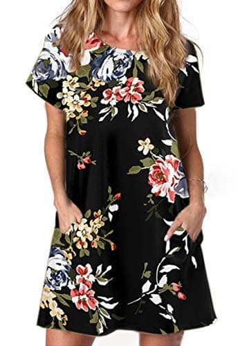 Image of Ancapelion Women's Casual Summer Black Rose Print Short Sleeve Dress Loose T Shirt Tunic Dress with Pockets for Ladies