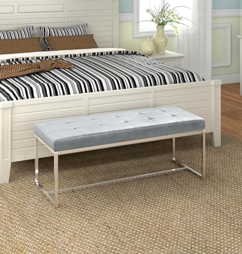 Image of Hallowood Furniture Finley Grey Dining Bench with Chrome Legs, Velvet Fabric Upholstered Bedroom Furniture, Indoor Bench Seat for Kitchen, Dining Room, and Hallway (120cm)