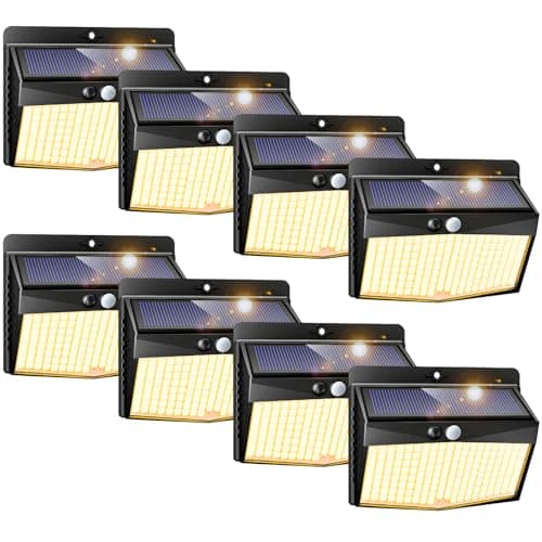 Image of Peasur Solar Security Lights Outdoor Motion Sensor, 168LED 8 Pack Solar Powered Fence Light with 3 Modes, IP65 Waterproof Solar Wall Lighting for Garden Outside-Warm White