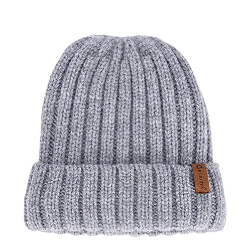 Image of Oscenny Beanie Hats,Wool Chunky Slouchy Knitted Beanies,Double Layer Lined Hat Cable Knitted Cap,Thicken Hat Thermal Windproof Unisex Hats (Grey)