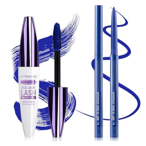 Image of QIUFSSE Blue Mascara and Eyeliner Set,5D Colored Mascara Volume and Length Waterproof,Natural Volumizing Lengthening Curling Blue Mascara for Eyelashes,Suitable for Women Eye Makeup