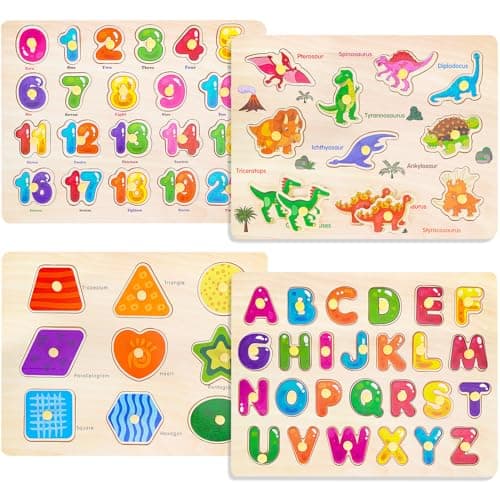 Image of Montessori Wooden Peg Puzzles for Toddlers 3 4 5 Year Old, 4 Pcs Kids Educational Toys Preschool Learning Activities-Alphabet, Shape, Number and Dinosaur, Baby Puzzle for Boys Girls