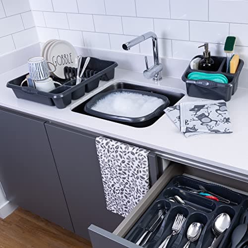 Image of Wham 4 Piece Casa Plastic Kitchen Set (38cm Rectangular Bowl, Large Cutlery Tray, Large Dish Drainer & Sink Tidy) (Midnight)