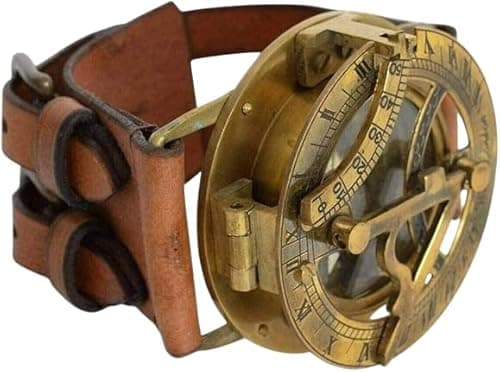 Image of SK & SONS Vintage Brass Sundial Watch with Leather Strap – Steampunk Sun Dial & Compass Combo – Old Gold Finish – Unusual Nautical Gift for Men & Women – Collectible Retro Timepiece
