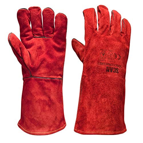 Image of Scan SCAGLOWELRED Welders Gauntlets, Red, 35cm (14in) Cowsplit leather with Kevlar Stitching, Heat Resistant