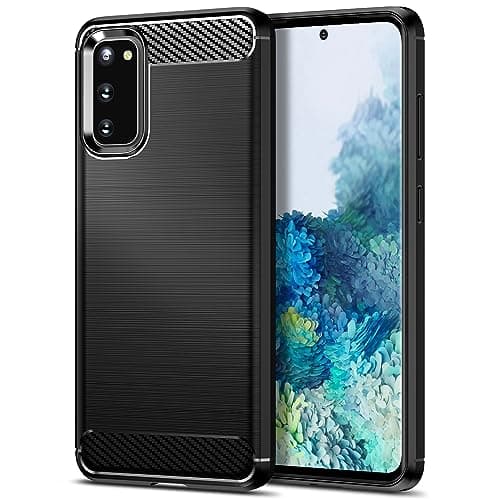 Image of Qiinogow Case Compatible with Samsung Galaxy S20, Slim Fit Phone Cover with Shock-Absorption, Carbon Fiber TPU Rubber Protective Case, Black