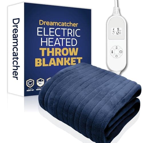 Image of Dreamcatcher Navy Heated Throw Electric Blanket, 160 x 120cm Heated Blanket Machine Washable Soft Fleece Electric Throw Overblanket with 12HR Timer and 9x Control Heat Settings