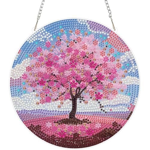 Image of NEWENMO 5D Cherry Blossom Tree Diamond Painting Hanging Ornaments,Landscape Diamond Art Hanging Pendant Kits,Special Shape Diamant Pendant Crystal Gem Art Kits,for Window Garden Wall Home Decoration
