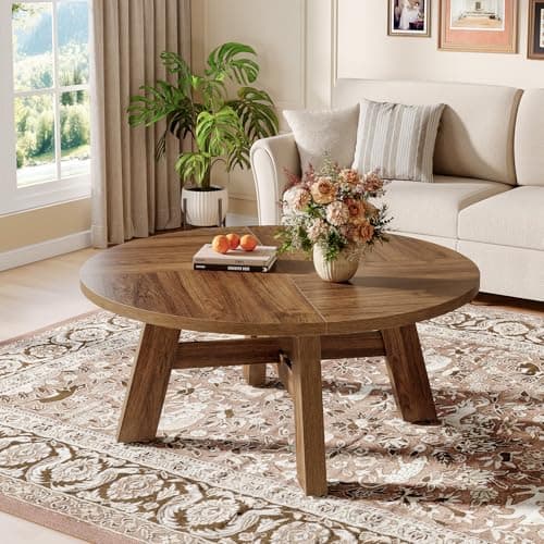 Image of Tribesigns 39" Round Coffee Table with Reinforced Cross Brace, Low Wood Accent Center Table for Living Room,Sofa Table for Small Space, Apartment, Home Office, Walnut