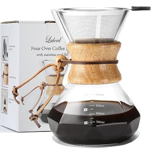 Image of Lalord Pour Over Coffee Maker with Reusable Stainless Steel Filter, 600 ml Borosilicate Glass Coffee Carafe, Wooden Collar, Coffee Dripper Brewer, Hold 3 Cups, 600ml