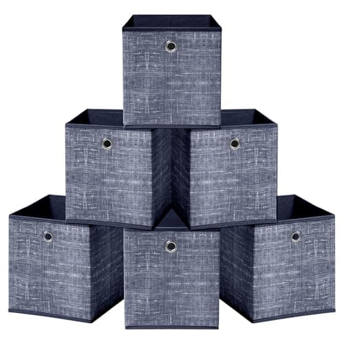 Image of HEFTMAN Foldable Storage Cube Boxes - Set of 6 Blue Fabric Storage Boxes with Grommet Handle, Space Saving Fabric Cube Storage Boxes for Clothes, Toys, Books Organisation (30 x 30 x 30 cm - Blue)