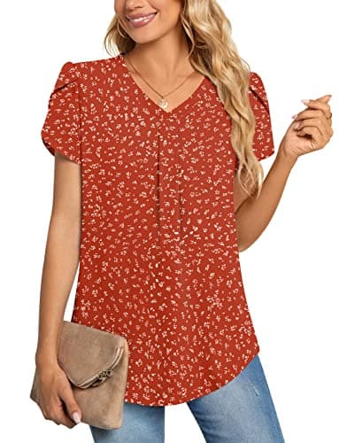 Image of Aodemo Women Summer Dressy Chiffon Blouse Petal Short Sleeve V Neck Tunic Tops Office Casual T-Shirt XL, Orange Red Dot