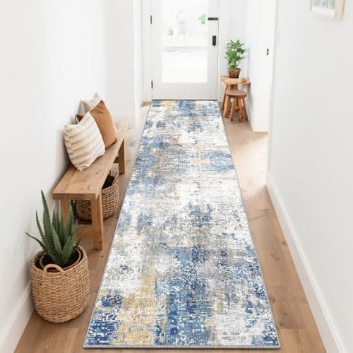 Image of SOANNY Runner Rug, 80x240 cm Abstract Low Pile Carpet, Non-Slip Washable Area Mat for Bedroom, Hallway, Kitchen, Laundry, Entryway, Utility, Beside Sofa, Office, Dusty Blue