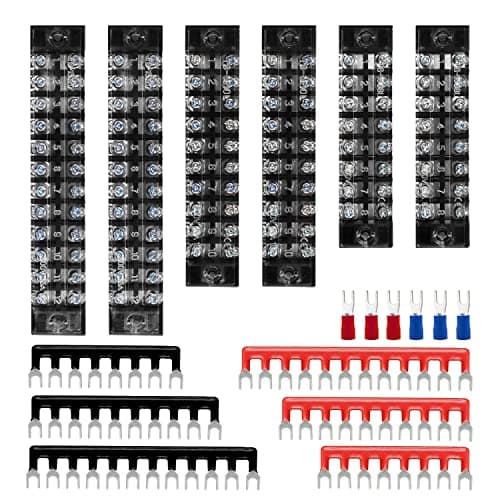 Image of JINXIAN 6Pcs 8/10/12 Position Dual Rows Covered Screw Terminal Block Din Rail Connectors 600V 15A Double Row Terminal Block Set with 6 Pre-Insulated Fork Terminal Barrier Strip Red/Black