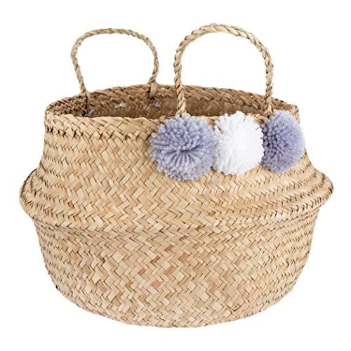 Image of Sass & Belle Seagrass Basket with Grey and White Pom Poms