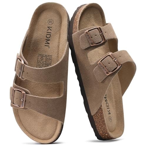 Image of KIDMI Women's Genuine Suede Sandals with Arch Support, Cork Footbed Summer Adjustable Slide Sandals Mocha 37 (size 5)