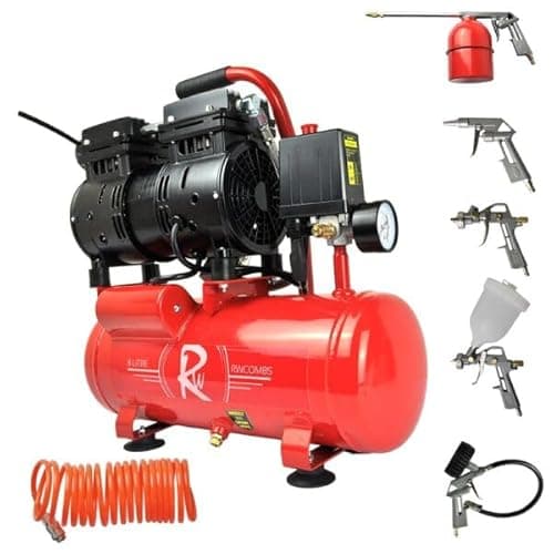 Image of RocwooD Air Compressor Electric 8L Litre 0.75HP 550w Silent Portable Oil Free 8bar 116psi 4CFM 5 Piece Accessories Kit Workshop Garage 230v 3 Pin UK Plug Red Low Noise 15kg