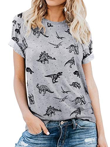 Image of Dresswel Women Dinosaur T-Shirt Funny Graphic Print Cute Tops Ladies Crew Neck Short Sleeve Tee Shirts