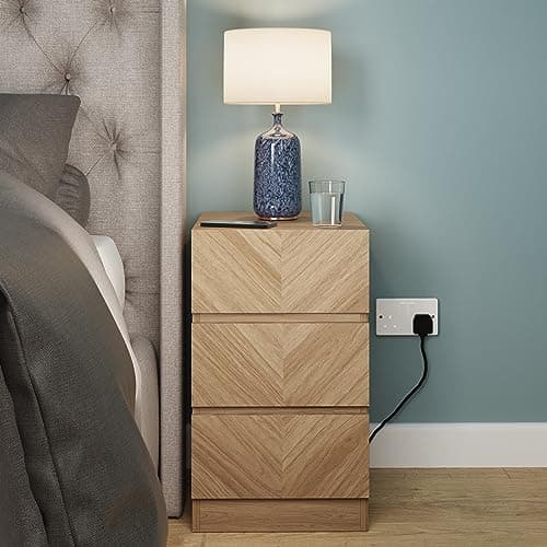 Image of GFW Catania Bedside Drawers, Chest Drawers Sideboard Cabinet, Modern Herringbone Design Wood Effect Finish Bedroom Furniture Storage Chest, Euro Oak Wood H60.5 x W35cm x D40cm
