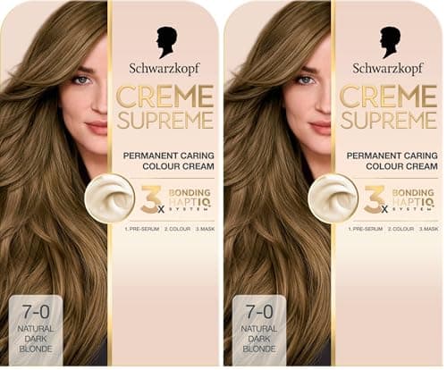 Image of Schwarzkopf Creme Supreme 7-0 Natural Dark Blonde, Permanent Hair Dye, Caring Hair Dye Colouration with 3-Step Bonding System Against Damage, 100% Grey Coverage (Pack of 2)