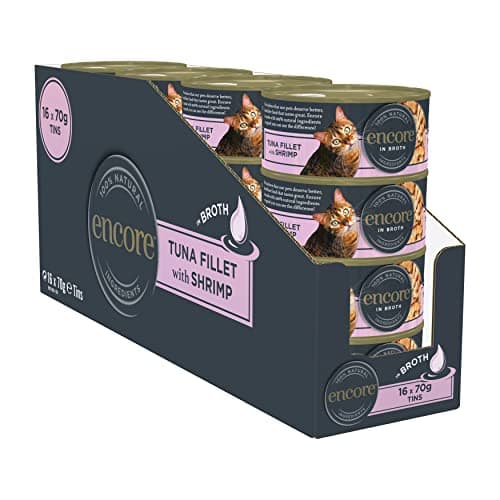 Image of Encore 100% Natural Adult Wet Cat Food, Tuna with Shrimp in Broth 70 g Tins (Pack of 16)