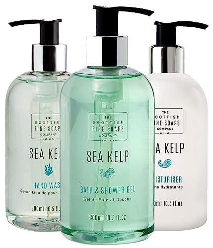 Image of The Scottish Fine Soaps Company Sea Kelp Gift Set includes Hand Wash, Moisturiser Lotion and Bath & Shower Gel all 300ml Bottles with Pump Dispenser for a Luxury Hand Wash