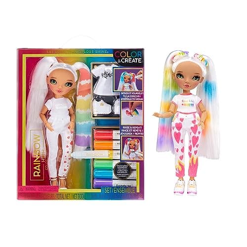 Image of Rainbow High Colour & Create DIY Fashion Doll - Green Eyes, Braids, Extra Top & Shoes, Washable Rainbow Pens - Colouring, Designing, Playing, Washing Out - for Children from 4-12 Years and Collectors