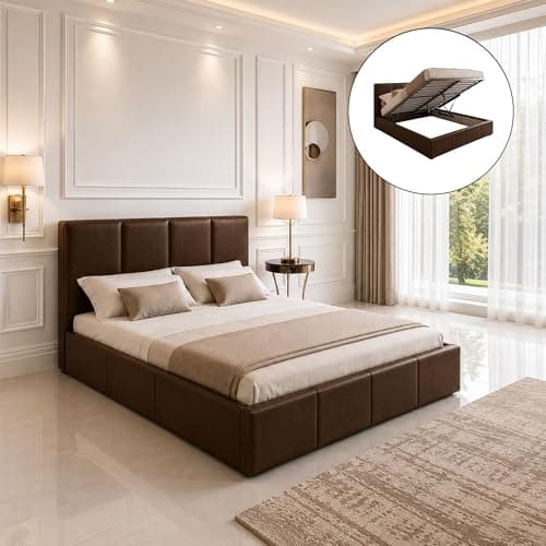 Image of SANA SLEEP 5FT King Size Modern Pia Ottoman Gas Lift Storage Faux Leather Bed with Mattress- Brown