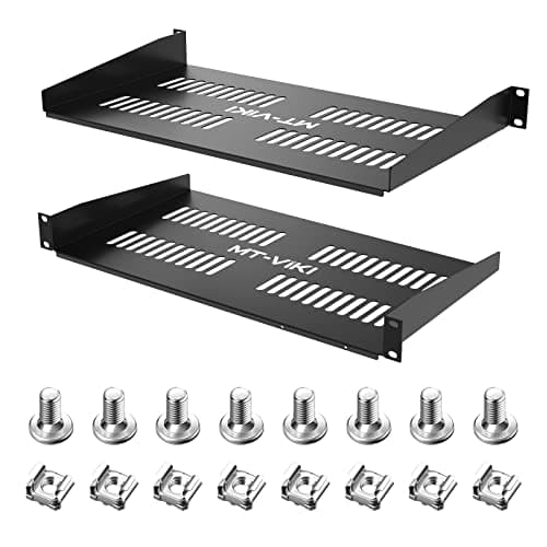 Image of MT-VIKI 1U Server Rack Shelf 250mm deep- Universal Vented Rack Mount Cantilever Tray for 19 inches Network Equipment Rack & Cabinet -44lb/20kgWeight Capacity- Black - Sturdy (2 Pack)