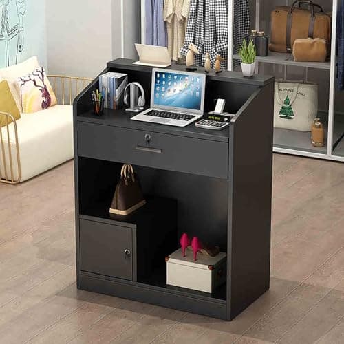 Image of White Small Reception Desk with Lockable Drawers - Versatile Counter for Convenience Store Barber Shop Beauty Salon Hotel Clothing Store - Modern Design Space-Saving Solution