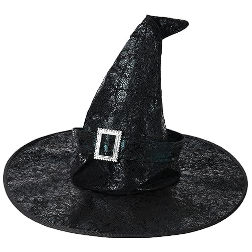 Image of Aomig Black Witch Hat Women Large Halloween Witches Hat Adult Wide Brim Pointed Hat Fancy Dress Costume Party Masquerade Cosplay Accessories Head Decor