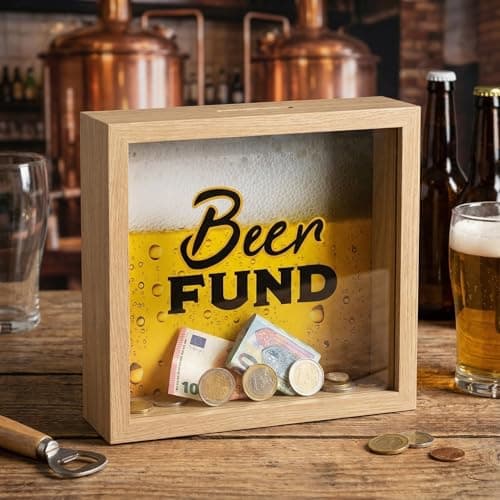 Image of MIJOMA Wooden Money Box with Glass Front - Decorative Saving Frame for Money Gifts for Wedding, Birthday, Travel & More - Creative Money Box (Beer Fund - Natural, 20 x 20 x 5 cm)