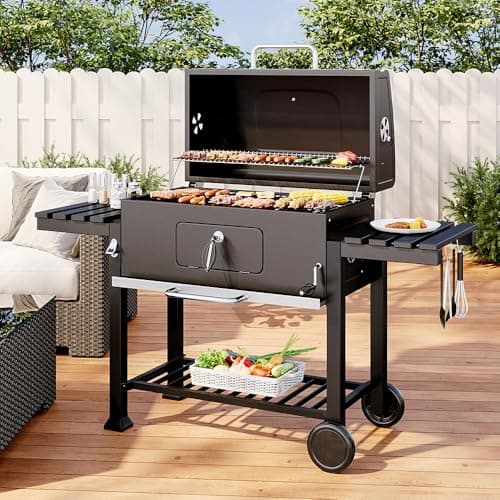 Image of DKIEI XXXL Smoker Charcoal BBQ, Portable Barbecue Grill with Wheel & 2 Folding Table, Thermometer & Adjustable Charcoal Pan, Large Outdoor BBQ Grill Smoker for Patio Home Garden Cooking