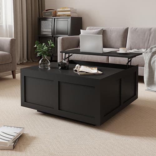 Image of KEEPREAPER Lift Top Coffee Table with Storage, Square Black Coffee Table with Large Hidden Storage, Wood Living Room Table Center Table for Living Room Dining Reception Room