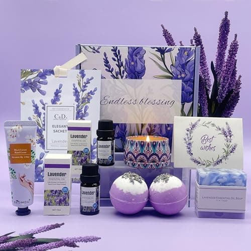 Image of Pamper Gifts for Women - Unique Friend Lavender Self Care Set for Her, Mum, Sister, Wife - Spa Bath Set With Bath Bombs, Candle - Birthday, Mother's Day Present Box