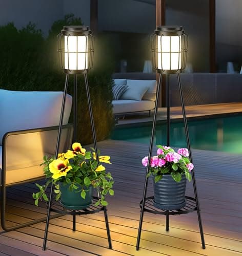 Image of VISFLAIR 2 Pack Solar Floor Lamps with Plant Stand, Outdoor Iron Lamps for Patio Deck Porch Yard Garden Decor