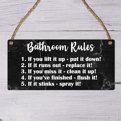 Image of Funny Bathroom Rules Sign - Humorous Restroom Wall Plaque - Black Marble MDF Hanging Toilet Sign - Quirky Loo Décor for Home, Guest Bathroom & Office (Small: 19 cm (H) × 9 cm (W))