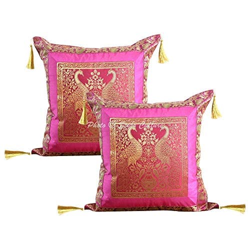 Image of Stylo Culture Ethnic Decorative Sofa Back Cushion Covers Magenta Pink 18 Inch Gold Jacquard Weave Tassels 45x45 cm Brocade Bohemian Peacock Floral Zippered Art Deco Cushion Covers | Set Of 2