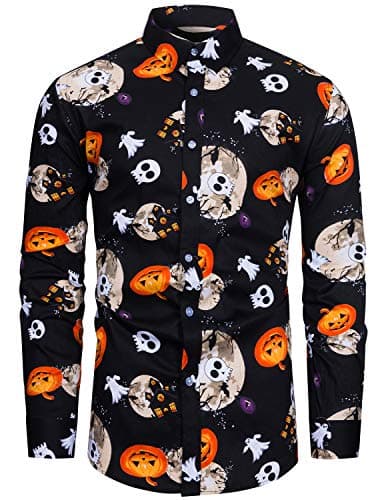 Image of fohemr Mens Halloween Shirts Ugly Pumpkin Print Long Sleeve Button Down Casual Jack-O-Lantern Costume Dress Skull Shirt Ghost Theme Party Black Small
