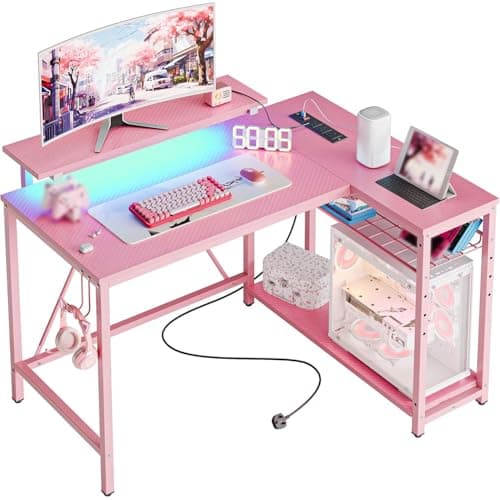Image of Bestier 106.5CM L-Shaped Desk with Power Outlets & LED Lights, Reversible Corner Desk with Shelves & Hooks for Home Office, Bedroom & Small Spaces