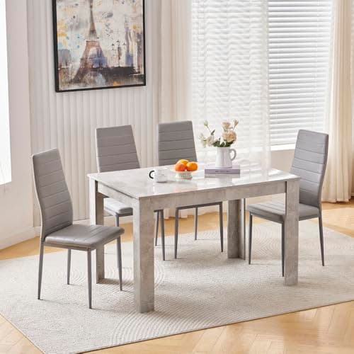 Image of Homullel 5 Piece Dining Room Table and Chairs Set of 4 for Dining Room Kitchen, Modern Wooden Dining Table with 4 Chairs for Family Dinner Set (With 4Pcs Grey Leather Chairs, 120cm Grey Marble Table)