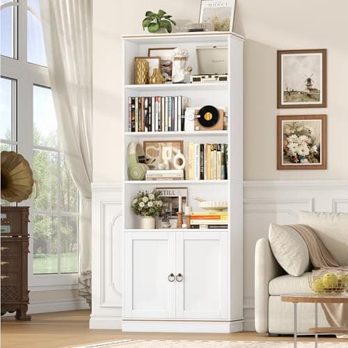 Image of HOCSOK Bookcase White Bookshelf 7 Tiers Bookcase with Doors 188cm Tall Bookshelf with Adjustable Shelf Freestanding Book Shelf for Living Room Home Office Study 30x60x188cm