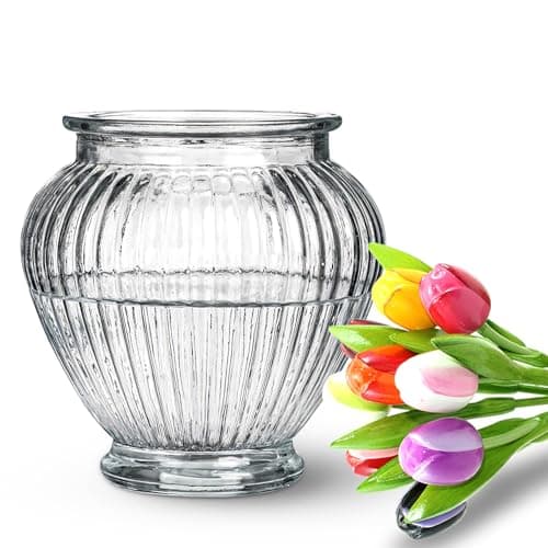 Image of Wrenbury Laurel Ribbed Glass Vase for Flowers 15cm Daffodil Container for Bouquets - Clear Glass Vase for Tulips - Makes a Classic Table Centrepiece