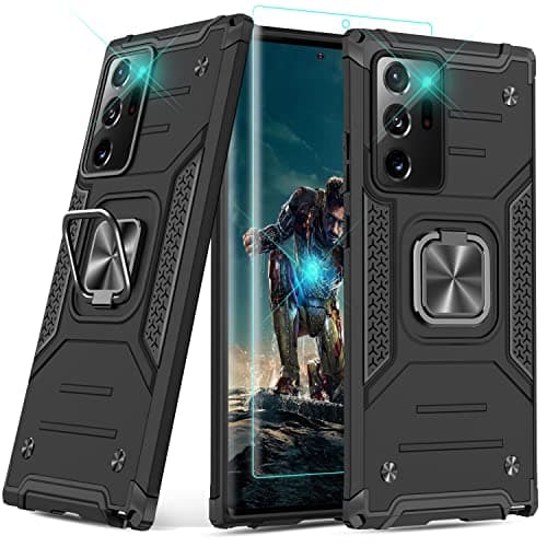 Image of YmhxcY Compatible with Galaxy Note 20 Ultra Case with 3D Curved Screen Protector,Armor Grade Cases with Kickstand Non-Slip Hybrid Case For Samsung Galaxy Note 20 Ultra KK Black