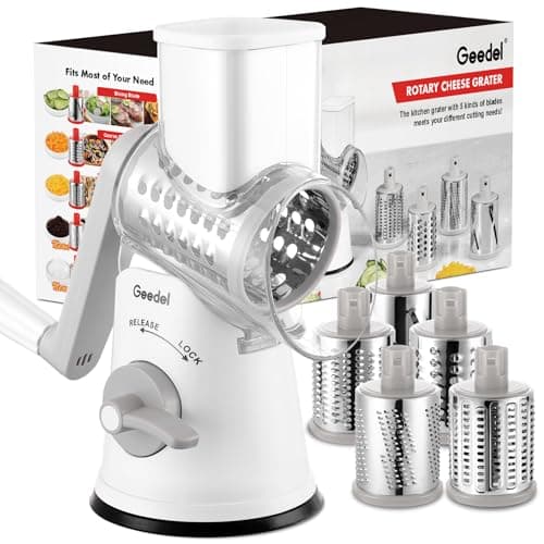 Image of Geedel Rotary Cheese Grater, Vegetable Slicer, Kitchen Grater for Fast and Easy Cutting, Rotary Drum Grater Ideal for Cheese, Veg, Nuts, Chocolate, etc. (5 Blades) Grey White, 10.24 x 4.92 x 9.37in