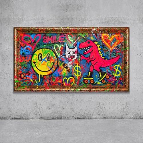 Image of YS-Art Original Handmade Graffiti Pop Art Painting, Colorful Modern Urban Wall Decor for Home or Office, Modern Playful Artwork 56x28 inches