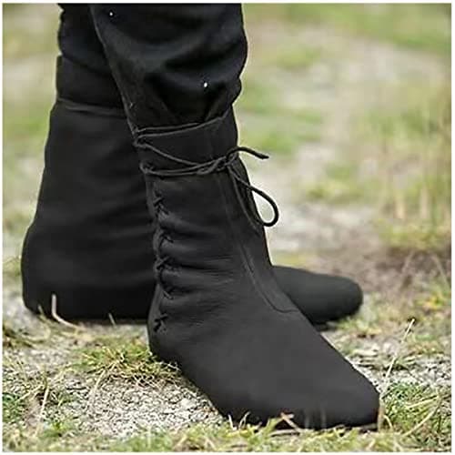 Image of GATURA Men's Medieval Boots Pointed Toe Flat Heel Ankle Boots Faux PU Leather Lace Up Mid Calf Boots Vintage Viking Knight Pirate Boots,Large Size 37-48,Black,46